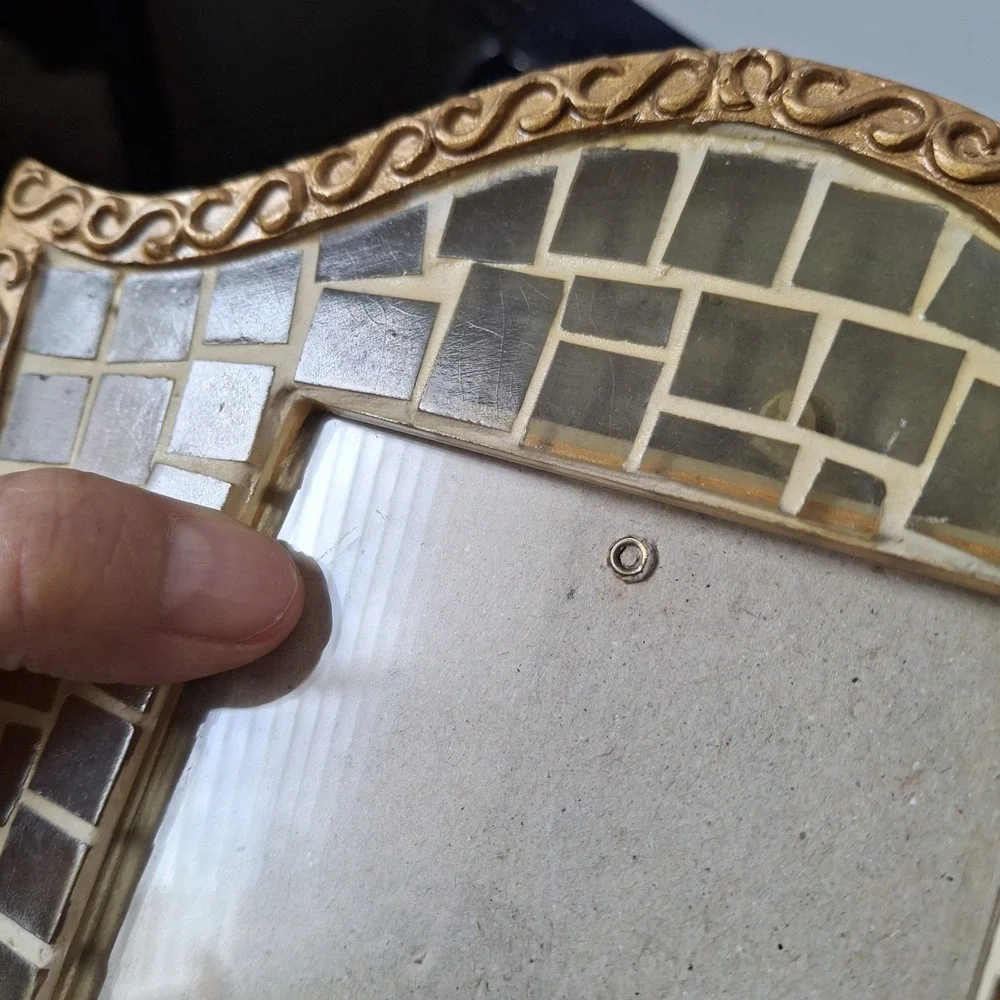 Vtg ANNA Gold Scroll Mosaic Frame Translucent Glass/Shell Tiles Shield Shape